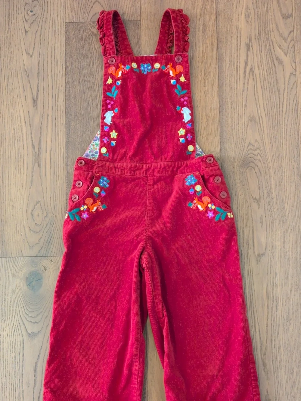Mini Boden Red Corduroy Floral/Animal Embroidered Overalls